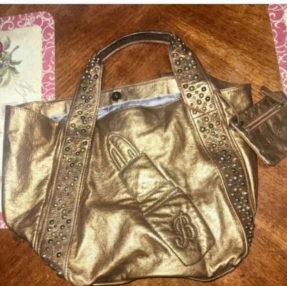 🍁🍂Vintage Betsey Johnson Bronze Leather Metalicize Me Lipstick Tote Handbag - Picture 8 of 10